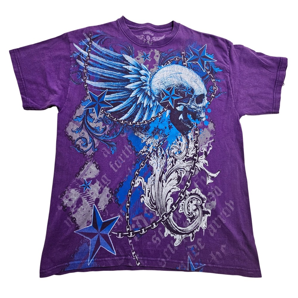 Carbon Graphic T-Shirt Large Purple Winged Skull Y2K MMA Style Tee Vintage